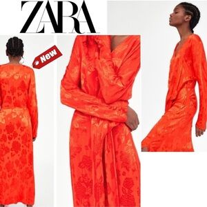 ZARA orange Jacquard midi wrap long sleeve Dress With Knot Sz S NWT
